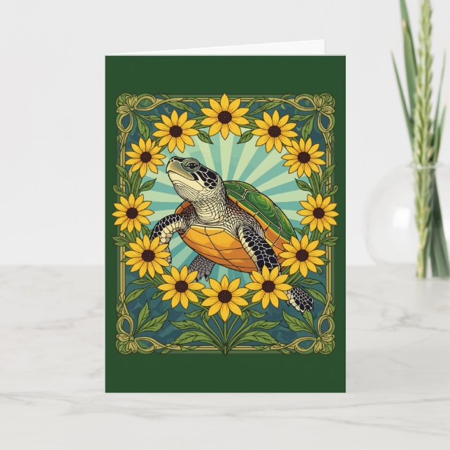 Terrapin And Black Eyed Susan Flowers Art Nouveau  Holiday Card (Front)