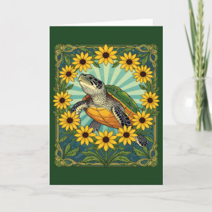 Terrapin And Black Eyed Susan Flowers Art Nouveau  Holiday Card