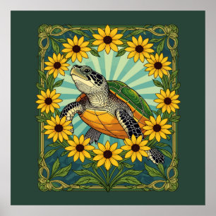 Terrapin And Black Eyed Susan Flowers Art Nouveau  Poster
