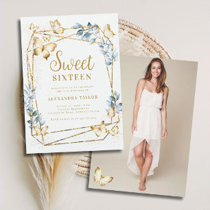 Terrarium Geometric Frame Butterfly Photo Sweet 16 Invitation