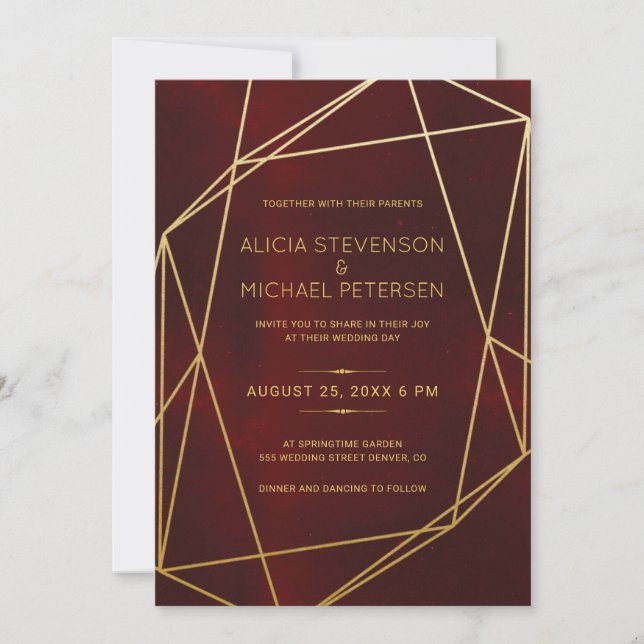 Terrarium gold geometric frame burgundy wedding invitation (Front)