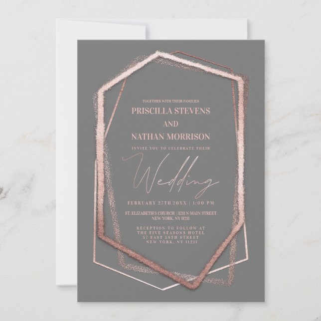 Terrarium Rose Gold Geo Linear Border Grey Wedding Invitation (Front)