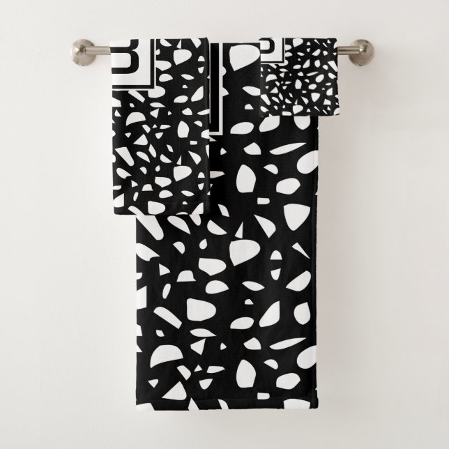 Terrazzo black white pattern monogram initial bath towel set (Insitu)