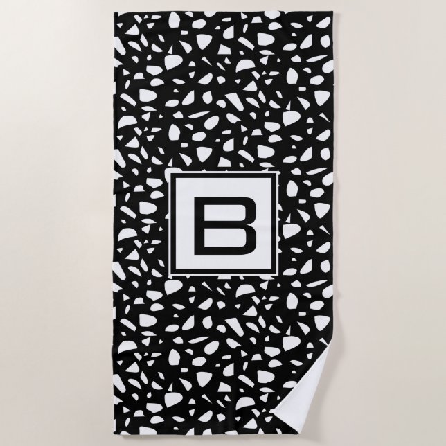 Terrazzo black white pattern monogram initial beach towel (Front)