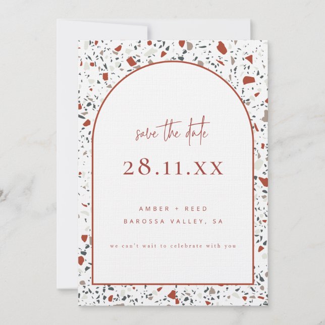 Terrazzo Burnt Orange Rust Terracotta Modern Arch Save The Date (Front)