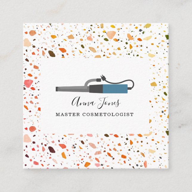 Terrazzo Curling Iron Salon Cosmetologist Square Business Card (Front)