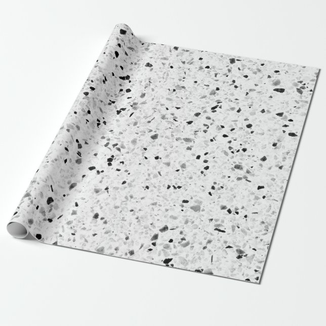 Terrazzo Elegant Black And White Grey Retro Wrapping Paper (Unrolled)