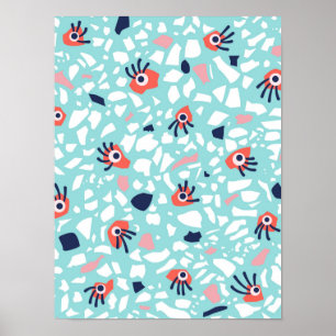 Terrazzo Funny Geometric Pattern With Eyes Poster