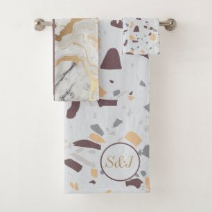 Terrazzo-Marble Pattern with Gold Custom Initials Bath Towel Set
