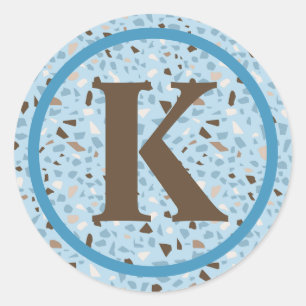 Terrazzo Monogram Blue Tan Brown Modern Classic Round Sticker