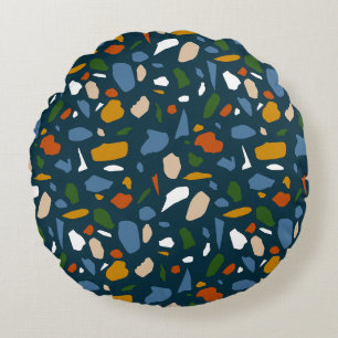 Terrazzo Pattern Blue Round Cushion