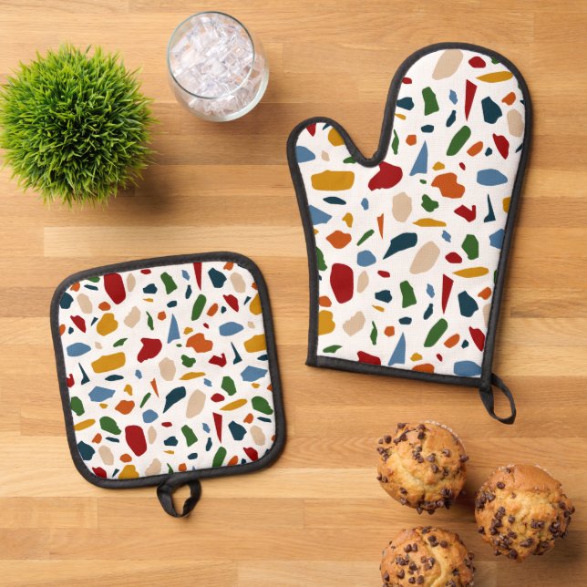 Terrazzo Pattern Colourful Oven Mitt & Pot Holder Set (Top Down)
