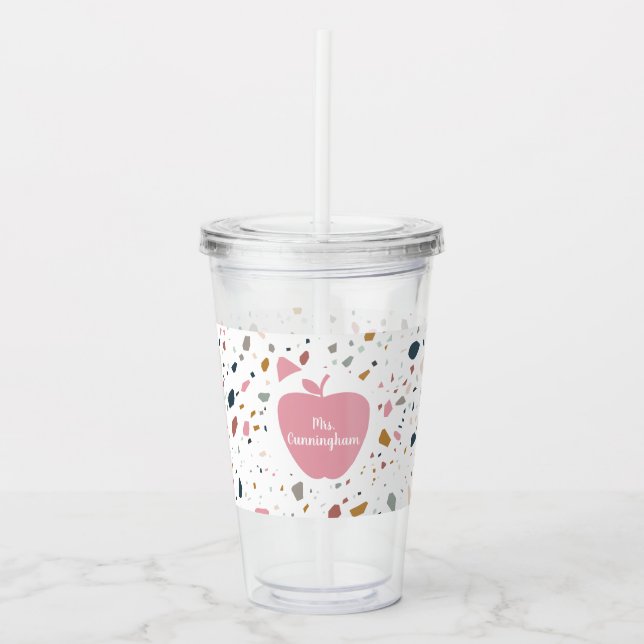 Terrazzo Pattern Pink Apple Teacher Acrylic Tumbler (Front)