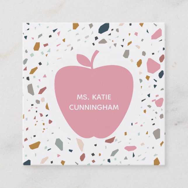 Terrazzo Pattern Pink Apple Teacher Square Business Card (Front)