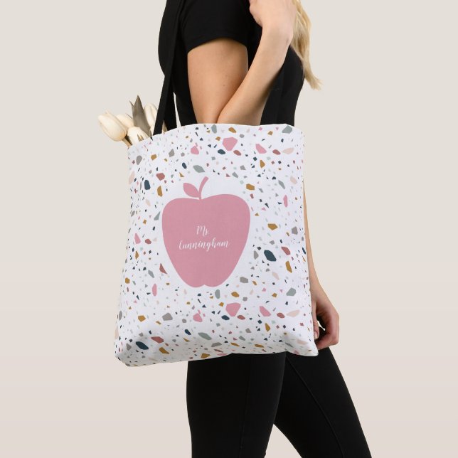 Terrazzo Pink Apple Teacher Tote Bag (Close Up)
