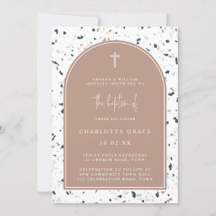 Terrazzo Pink Green Modern Arch Minimalist Baptism Invitation