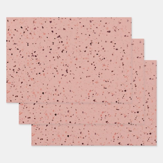 Terrazzo Retro Blush Pink Brown Pattern Design Wrapping Paper Sheet (Set)
