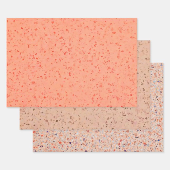 Terrazzo Retro Living Coral Pink Elegant Pattern Wrapping Paper Sheet (Set)
