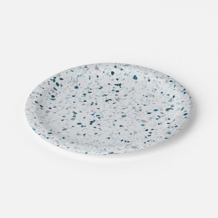 Terrazzo  Retro Teal Blue Green White Grey Elegant Paper Plate