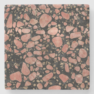 Terrazzo - Rose quartz and gold on marble #2 Stone Coaster