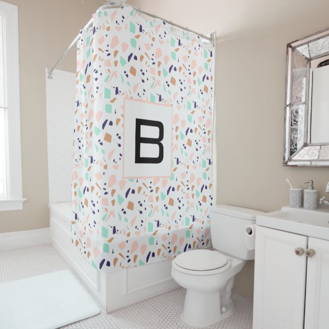 Terrazzo white blush mint monogram shower curtain (In Situ)