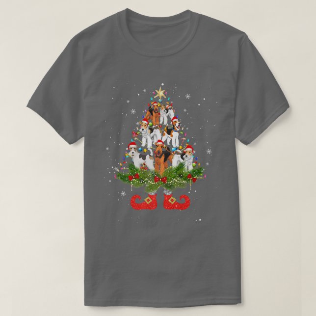 Terrier Christmas Tree Lights Cute Santa Hat Dog L T-Shirt (Design Front)