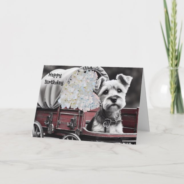 Terrier Dog in Vintage Wagon Birthday Card (Front)