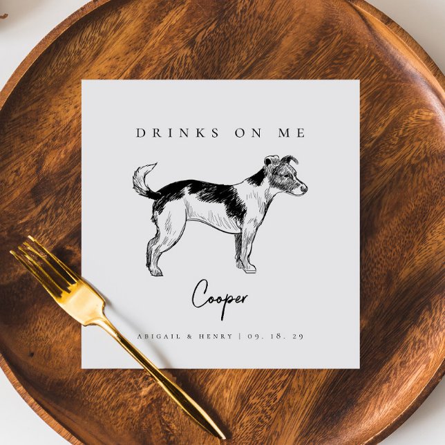 Terrier Dog Sketch Drinks on Me Pet Wedding Napkin (Creator Uploaded)
