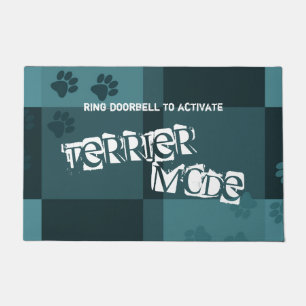 Terrier Mode Funny Dog Pawprints Dark Teal Grey Doormat