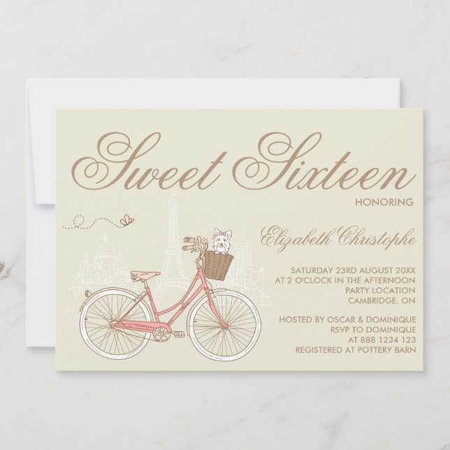 Terrier on a Pink Bicycle Sweet Sixteen Invitation (Front)