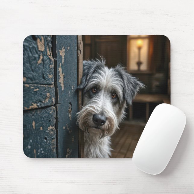Terrier Peeking Around an Old Door Mouse Pad (With Mouse)