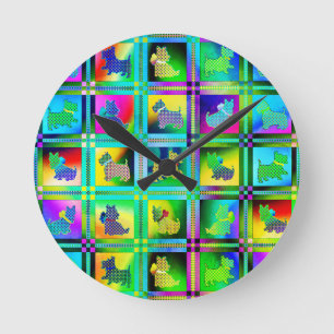Terrier  Silhouettes  in a Checkeboard Pattern Round Clock