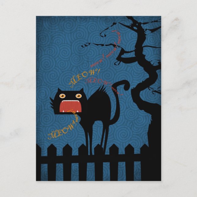 Terrified Black Cat on Halloween Night Postcard (Front)