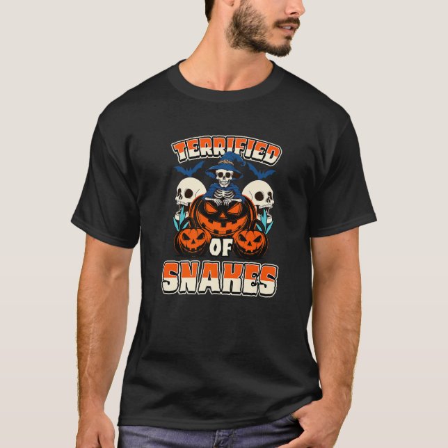 Terrified Of Snakes Halloween Skeleton Scaredy Cat T-Shirt (Front)