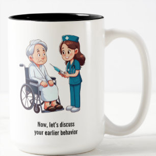 Terrified Senior Citizen Facing Giant Needle Two-Tone Coffee Mug