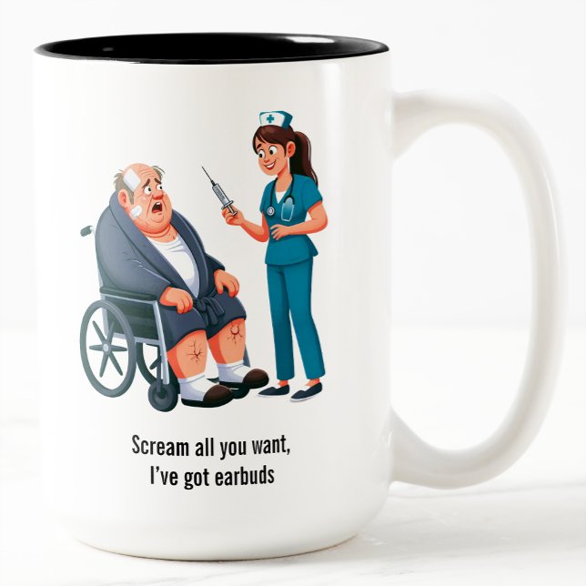 Terrified Senior Citizen Facing Giant Needle  Two-Tone Coffee Mug (Creator Uploaded)
