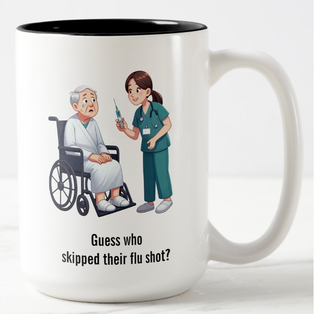 Terrified Senior Citizen Facing Giant Needle  Two-Tone Coffee Mug (Creator Uploaded)