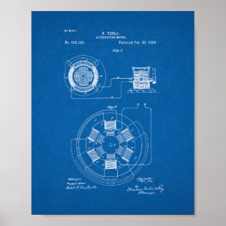 Tesla Alternating Motor Patent - Blueprint Poster