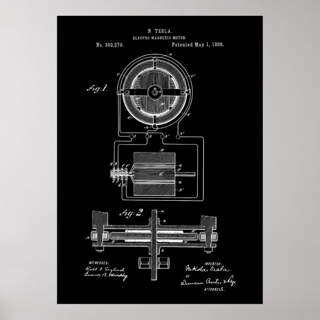 Tesla Electro-Magnetic Motor 1888 Patent Poster (Front)