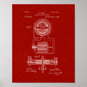 Tesla Electro-magnetic Motor Patent - Burgundy Red Poster