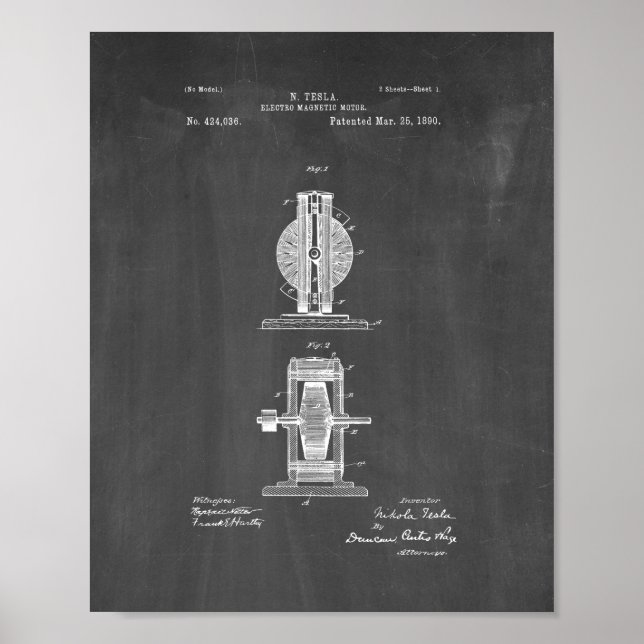 Tesla Electro Magnetic Motor Patent - Chalkboard Poster (Front)
