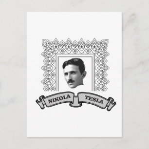 tesla in round postcard