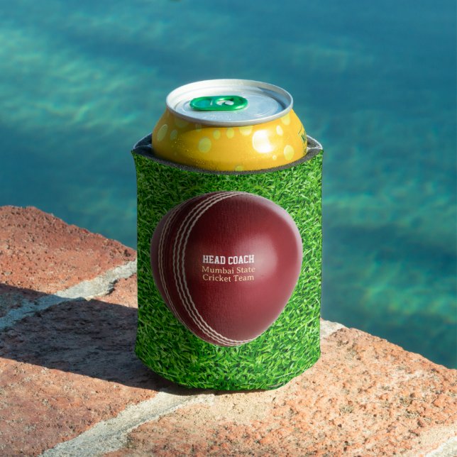 Test Match Red Cricket Ball with Custom Text Can Cooler (In Situ Pool)