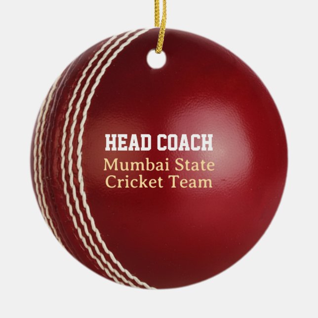 Test Match Red Cricket Ball with Custom Text Ceramic Tree Decoration (Front)