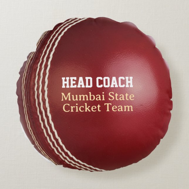Test Match Red Cricket Ball with Custom Text Round Cushion (Front)