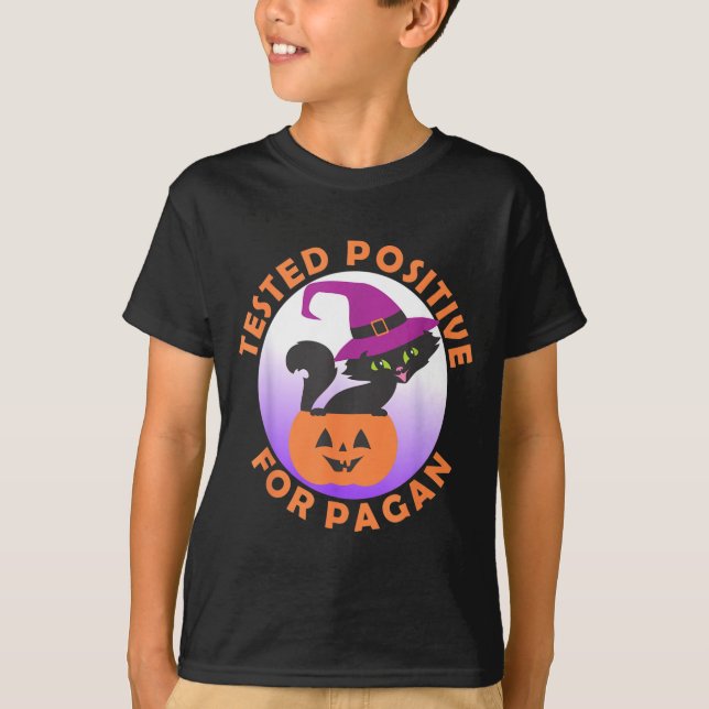 Tested Positive For Pagan Little Black Cat Witch T-Shirt (Front)