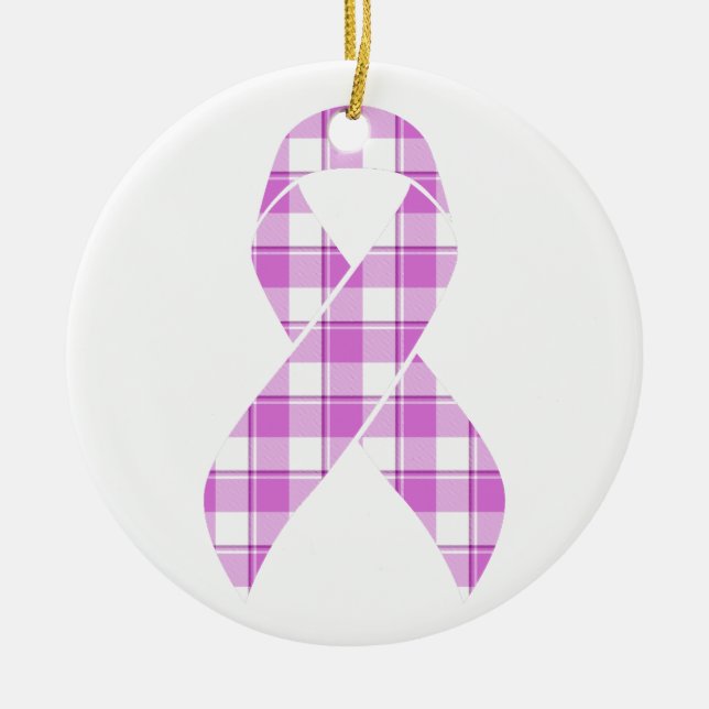 Testicular Cancer Awareness Plaid Purple Ribbon Ceramic Tree Decoration (Front)