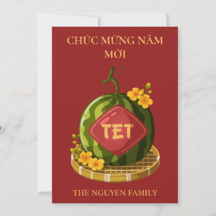Tet Watermelon with Ochna Flowers Lunar New Year Holiday Card