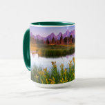 Teton Sunrise Mug<br><div class="desc">This photo features Schwabacher Landing in the shadow of the Grand and Teewinot Mountains and it's reflection in the Snake River pool.</div>
