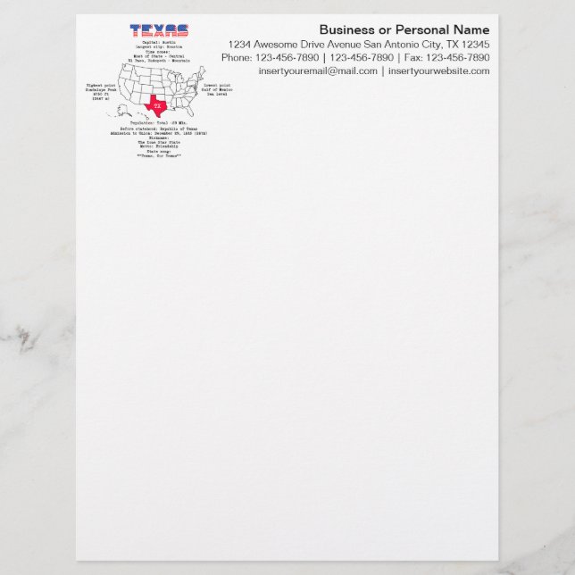 Texas American state on a map and useful info Custom Letterhead (Front)